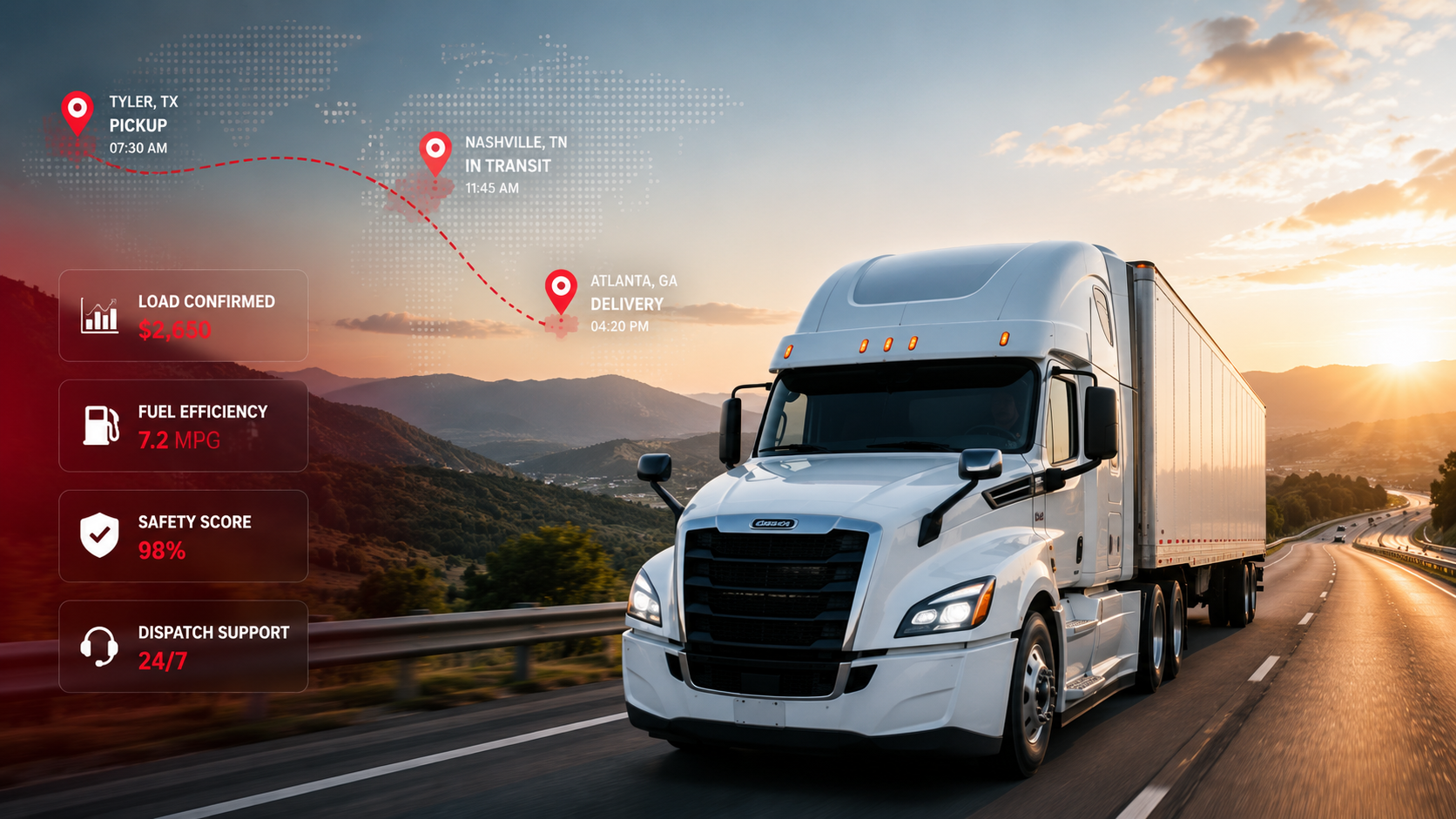 White semi truck on the road with dispatch metrics